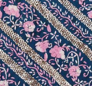 Pink floral Mukesh embroidery on navy fabric